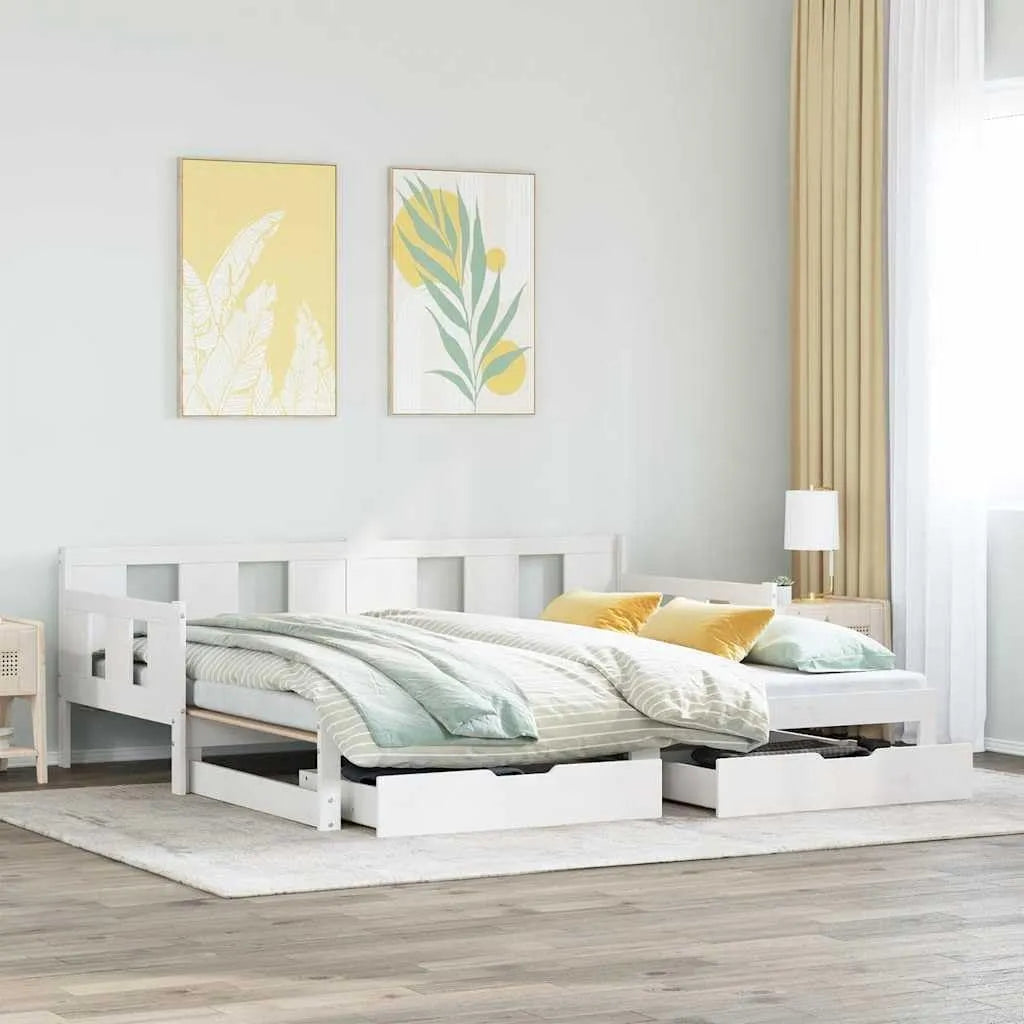 Lit de Jour avec gigogne et tiroirs sans Matelas Blanc – avec tiroirs, 90 × 190cm
