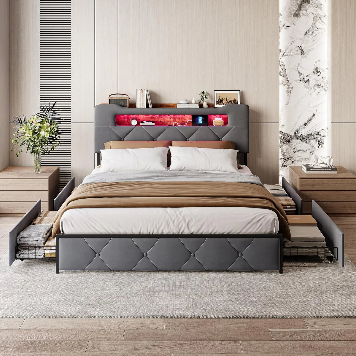 Lit capitonné – avec rangement, avec tiroirs, avec port USB, affichage LED, 4 tiroirs, 140 × 200 cm, revêtement en velours