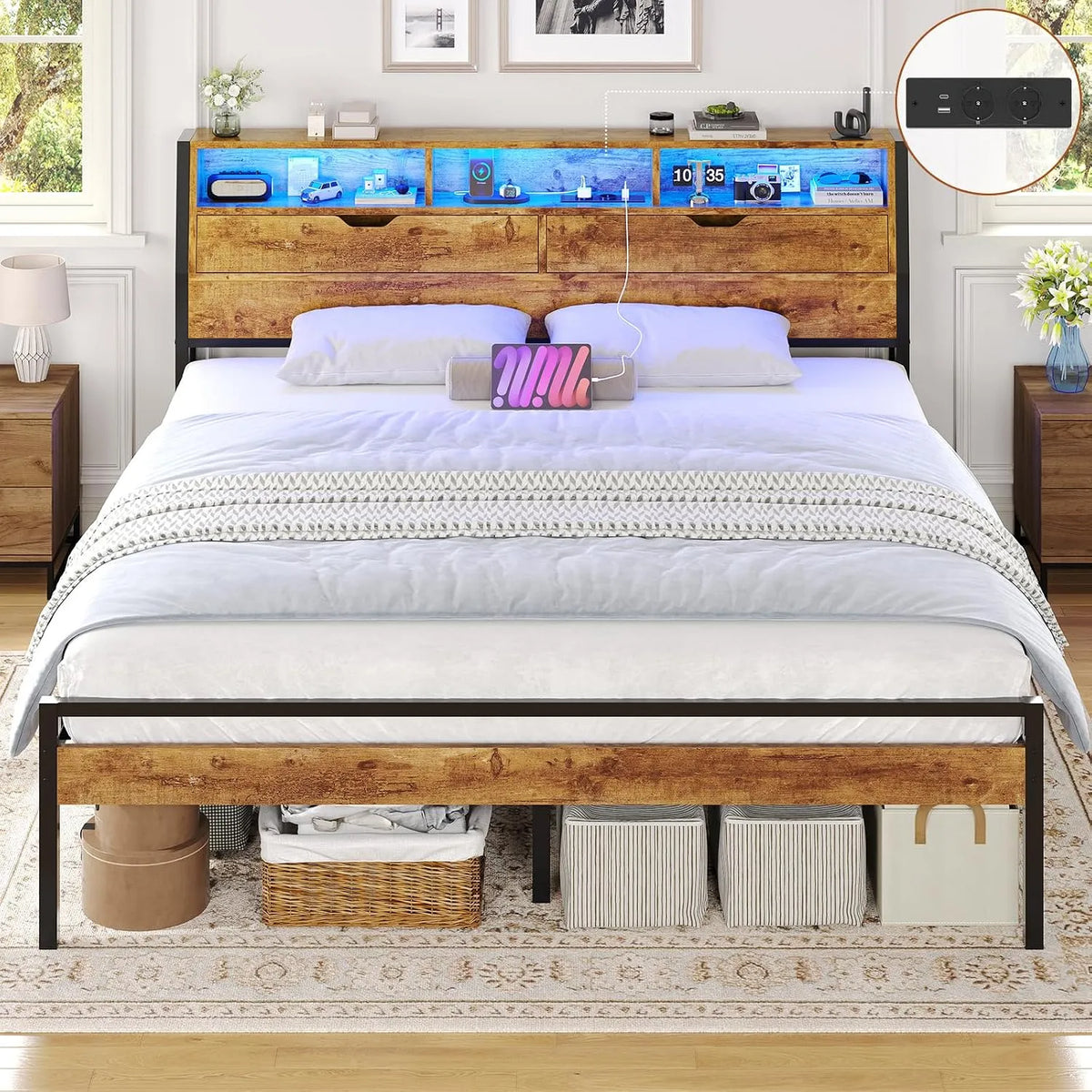 Cadre de lit et structure de lit 180x200 avec Sommier Métal lit 2 Personnes – USB-A, en métal, avec rangement, avec port USB, affichage LED, 180 × 200