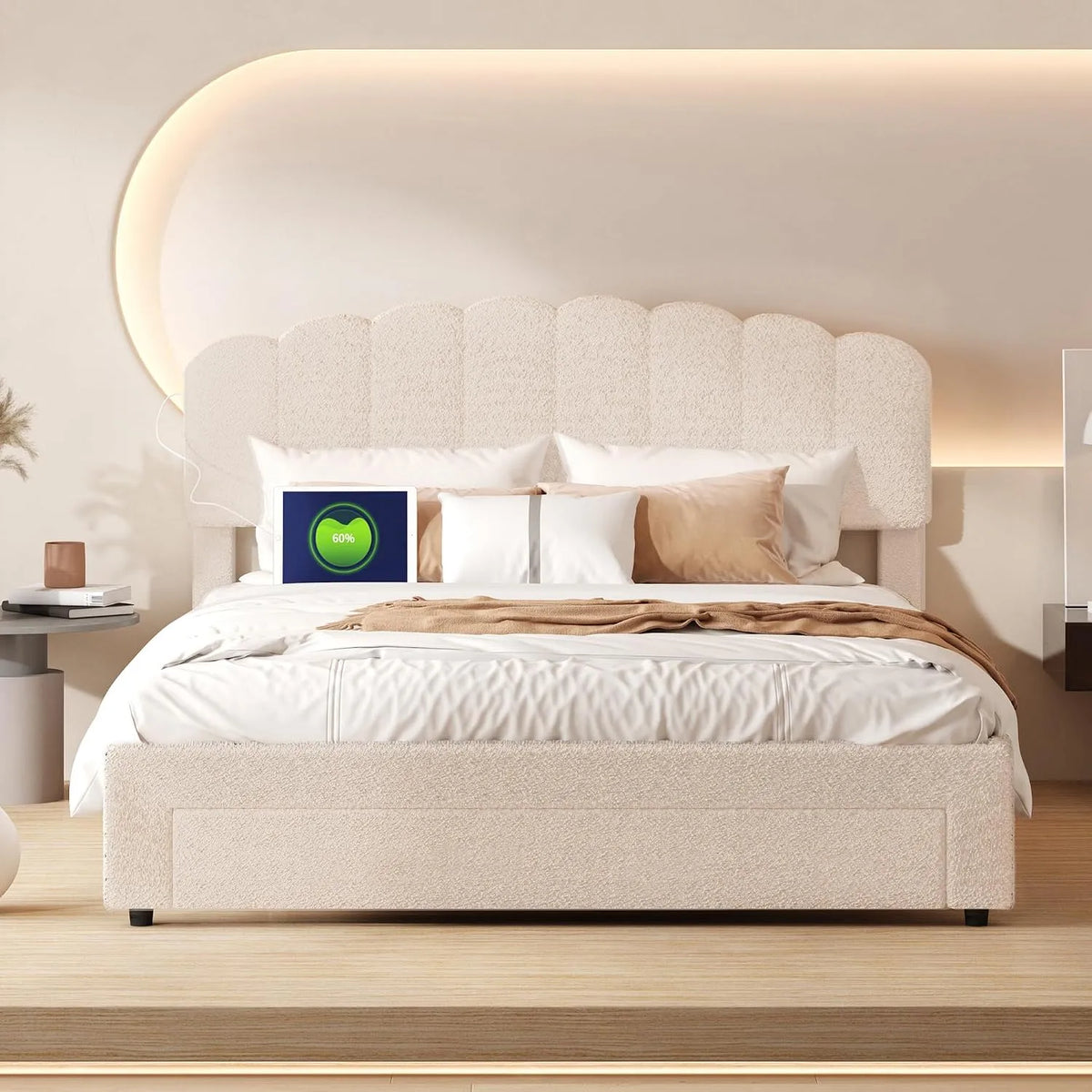 Lit Teddy Beige 160x200 avec Sommier à Lattes — avec rangement, avec tiroirs, avec port USB, réglable, 160 × 200, hauteur réglable, avec éclairage LED