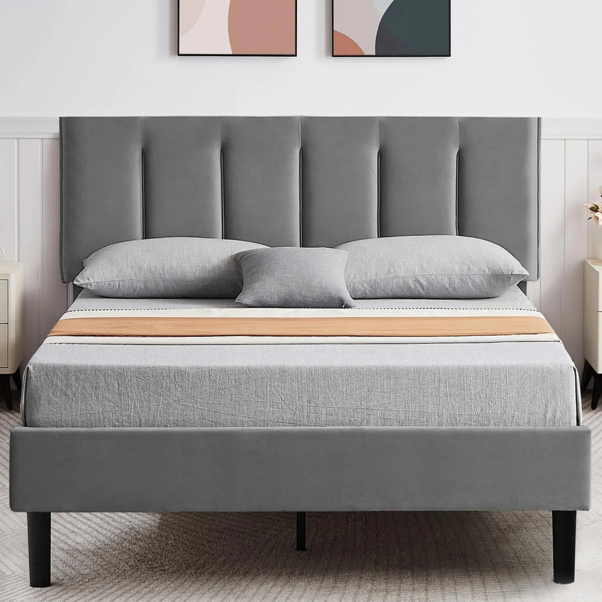 Lit Double Rembourré 140 x 190 cm — antidérapant, revêtement en tissu, en bois, réglable, 140 × 190 cm, gris