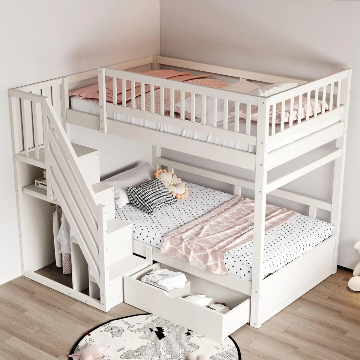 Lit superposé et lit mezzanine – pour enfant, en bois, avec rangement, avec tiroirs, 2 Places, 90 × 200cm, blanc, en bois massif