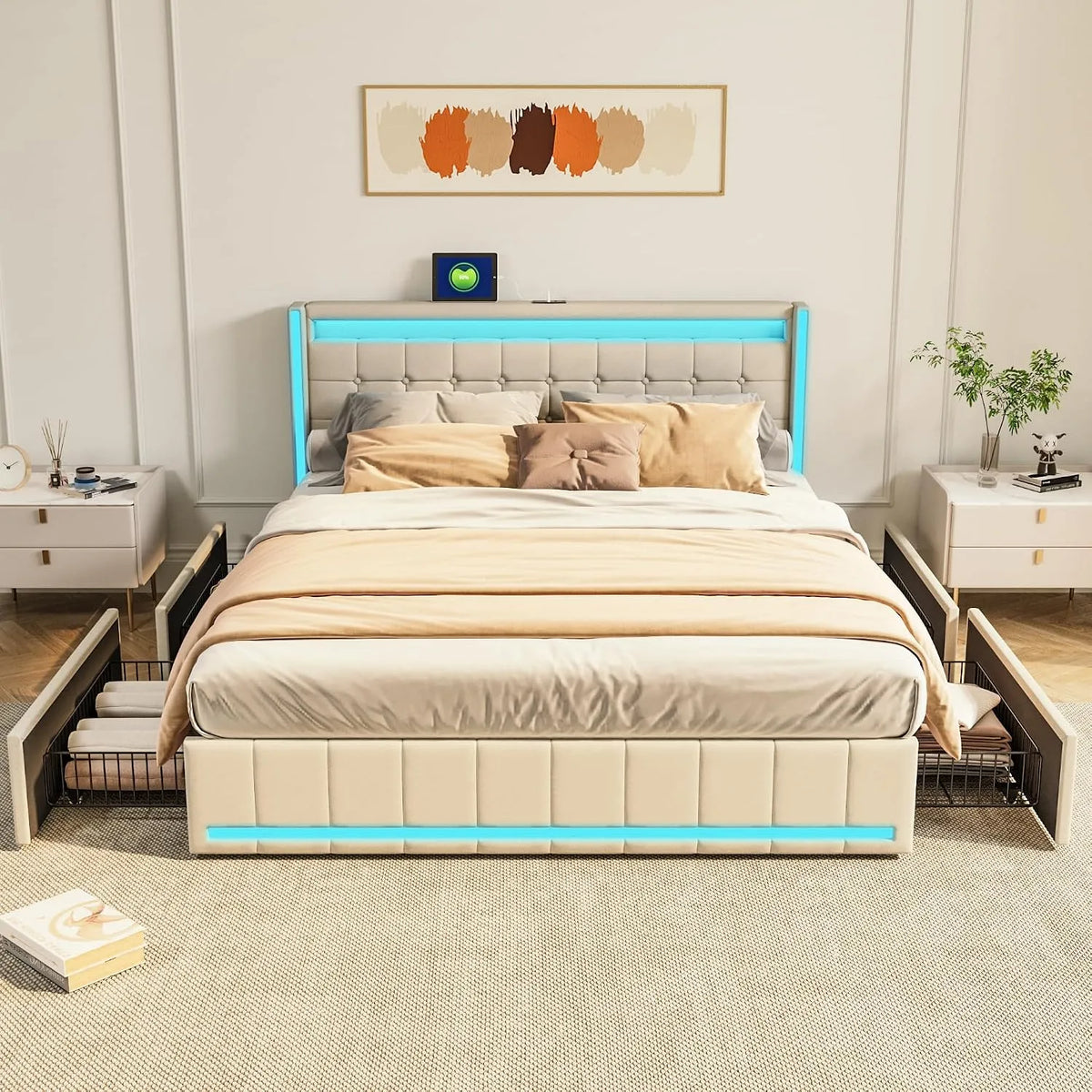 Lit double tapissé de 140 x 200 cm avec 4: avec rangement, avec tiroirs, avec port USB, affichage LED, 4 tiroirs, 140 × 200 cm, beige