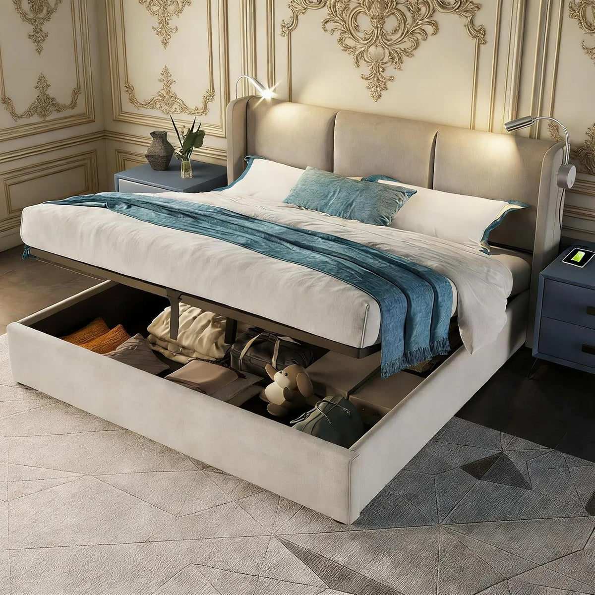 Lit double capitonné avec USB et lampe de lecture — avec rangement, avec port USB, 160 × 200 cm, beige, revêtement en tissu