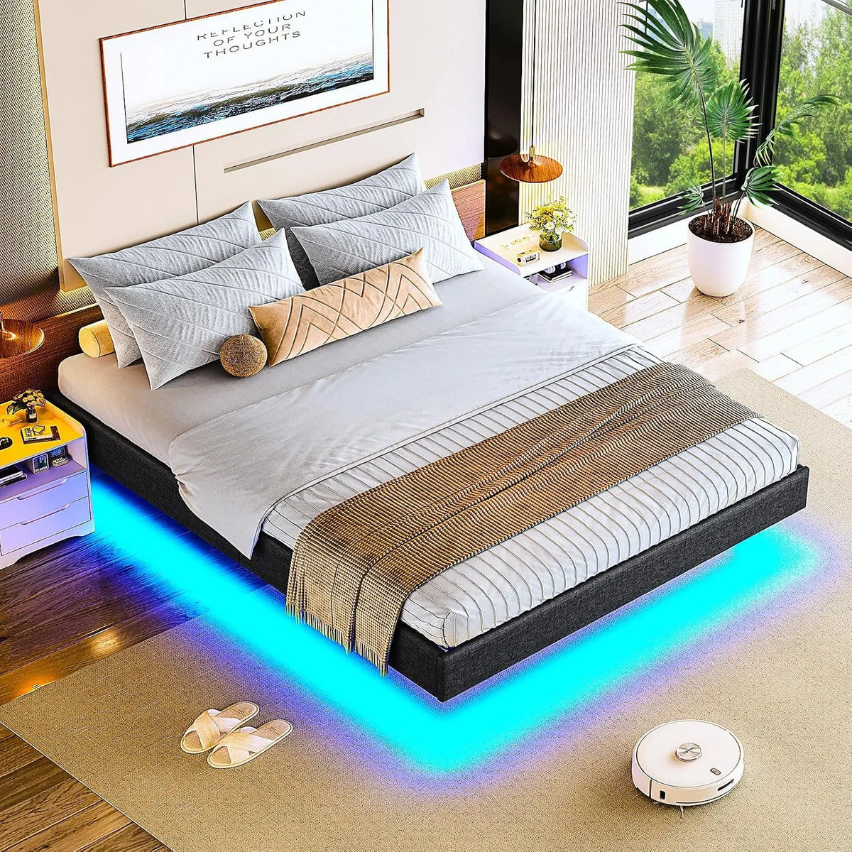 Lit 140x190 cm — en métal, en bois, affichage LED, 140 × 190 cm, gris