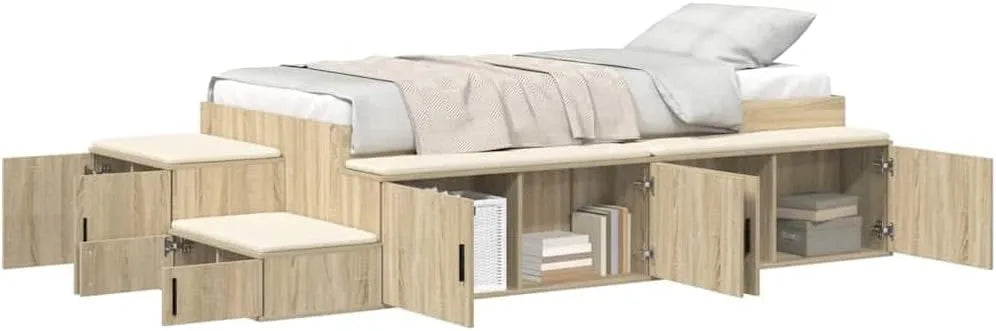 Cadre de lit et structure de lit avec Rangement avec Stockage Chêne Sonoma 90 — format compact, avec étagères, 90 cm