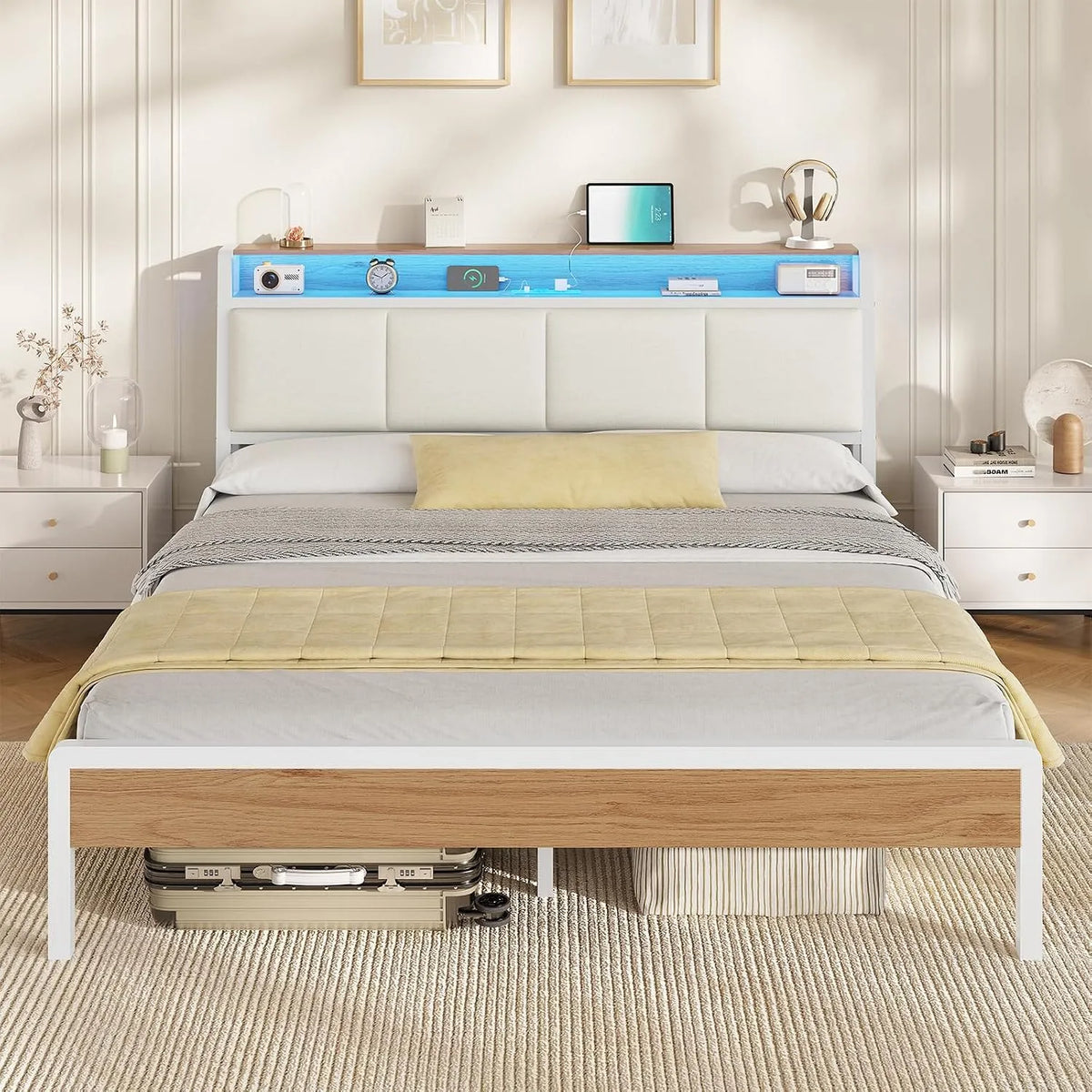 Lit 160x200 avec Sommier – avec rangement, avec Bibliothèque et étagère de rangements, réglable, affichage LED, 160 × 200, blanc, avec étagères