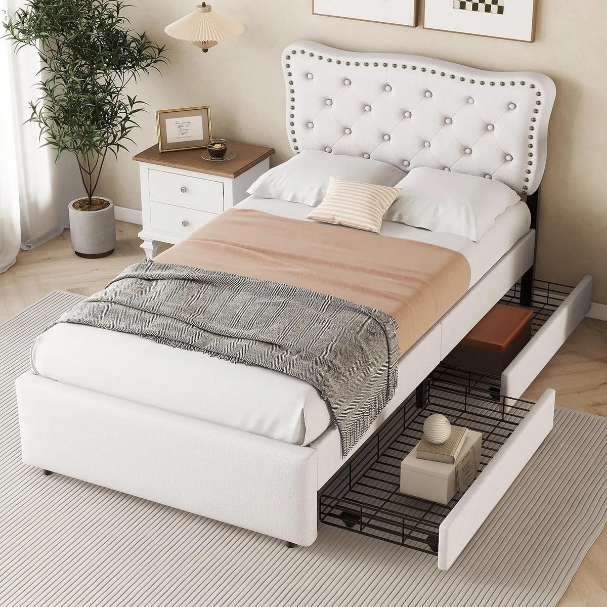 Lit Plat 90x200 cm — avec tiroirs, 90 × 200 cm, beige