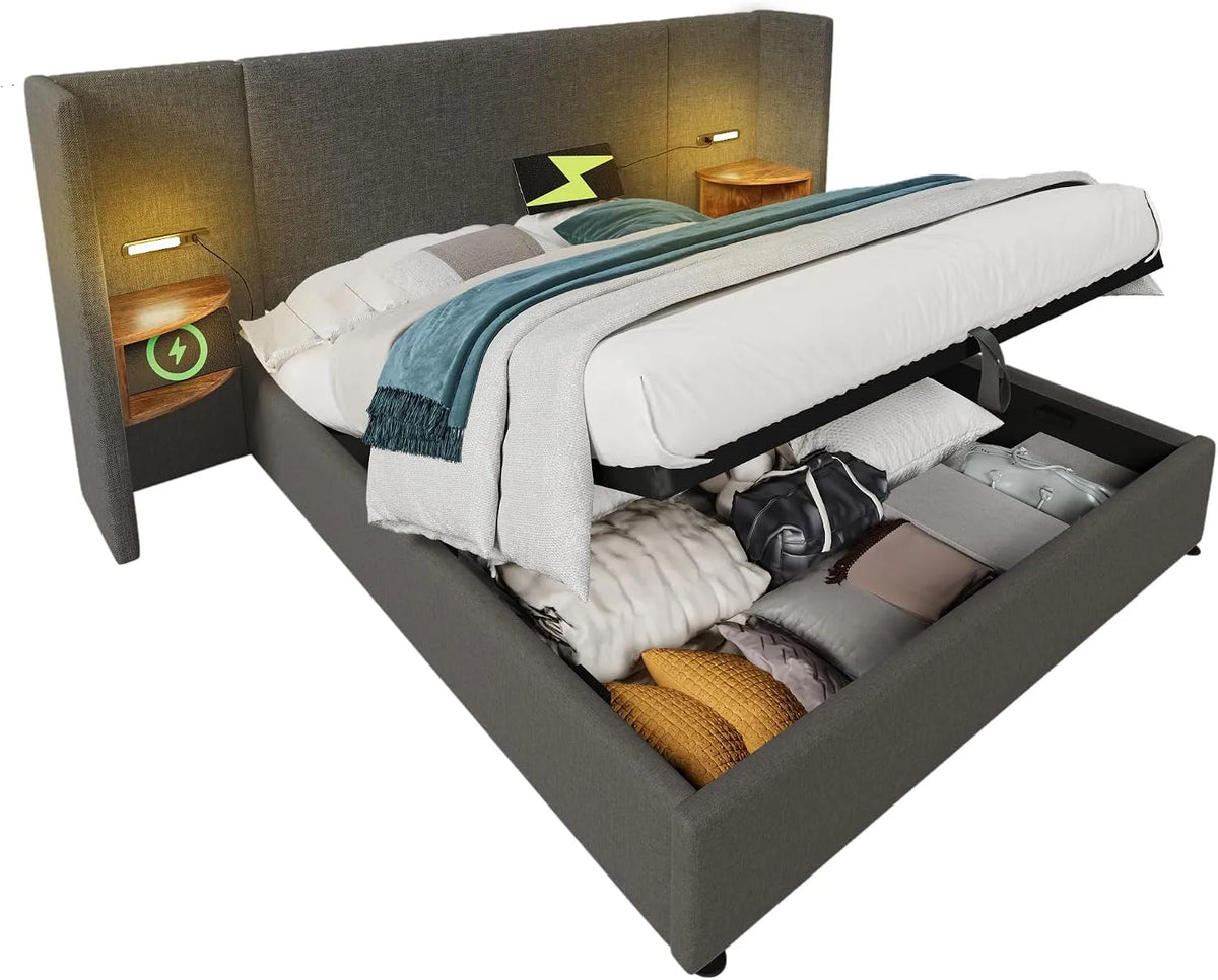 Lit Double 180 x 200 cm avec Tête de Lit – en métal, en bois, avec rangement, avec port USB, 180 × 200 cm, gris, en bois massif, revêtement en tissu