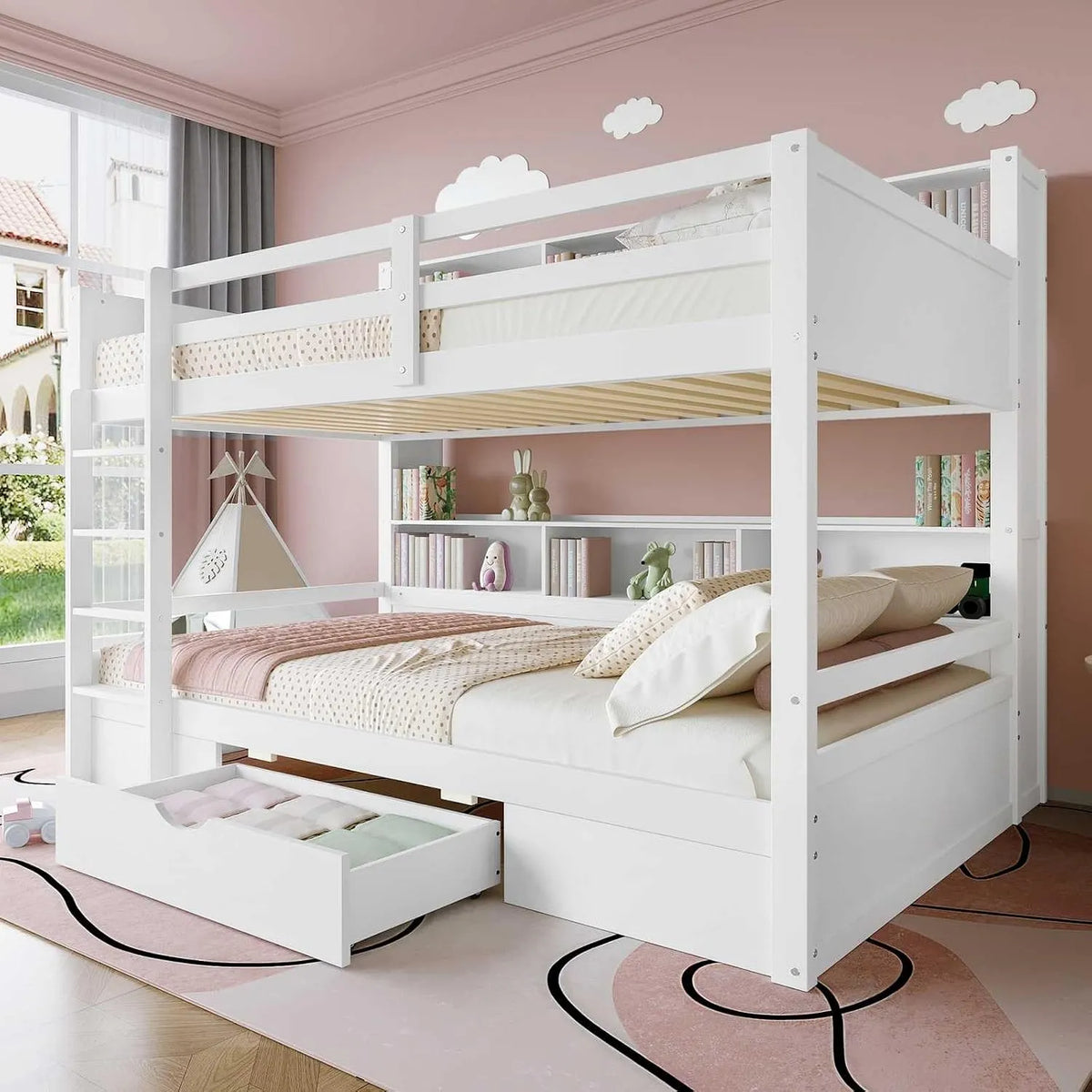 Lit superposé et lit mezzanine – en bois, avec rangement, avec tiroirs, avec escalier, 90 × 200cm, blanc, revêtement en tissu