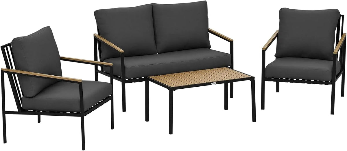 Outsunny Salon de jardin et ensemble lounge – en polyester, en acier, avec coussins, 4 pièces, 2 Places, gris