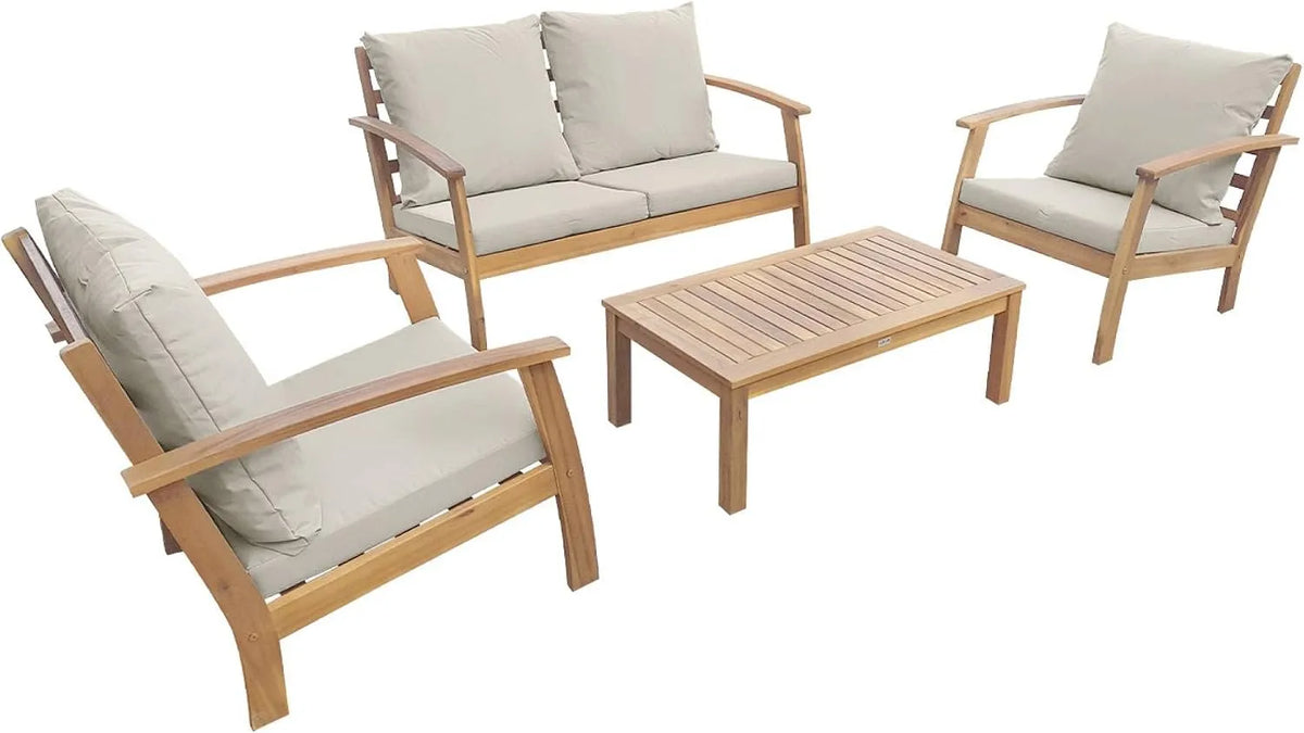 Salon de jardin et ensemble lounge — en bois, avec coussins, 4 Places