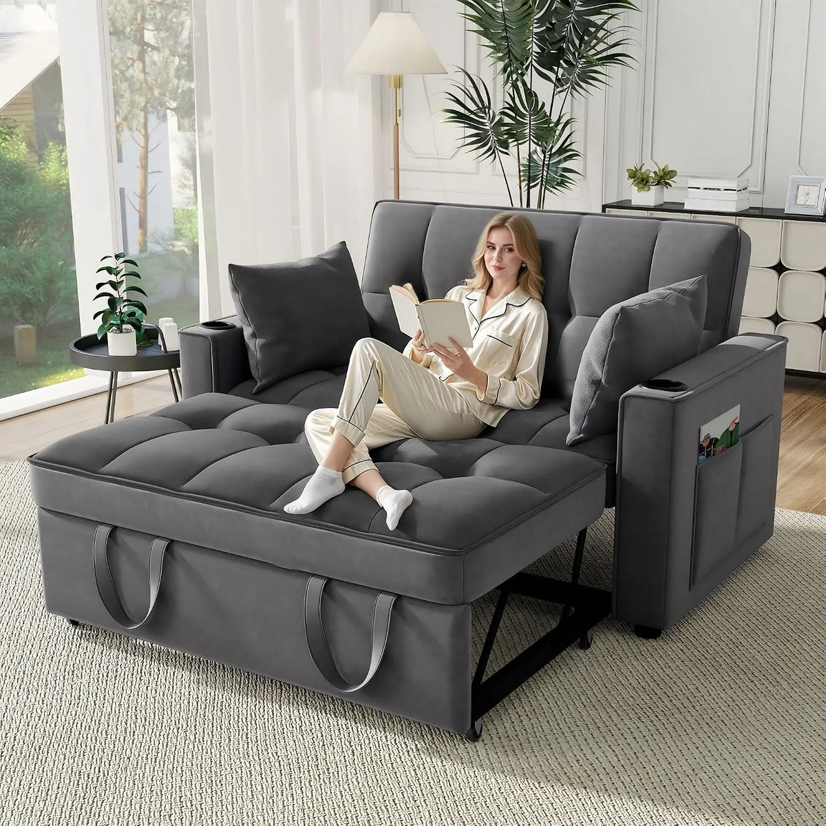 Canapé d'angle et canapé panoramique – Convertible, inclinaison réglable, avec dossier, avec coussins, 2 Places, gris, pliable, revêtement en velours