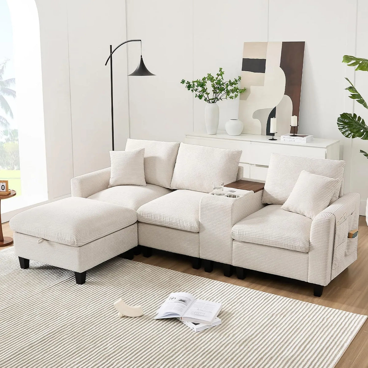 Canapé d'angle et canapé panoramique — USB-C, revêtement en tissu, avec rangement, avec port USB, 3 places, beige
