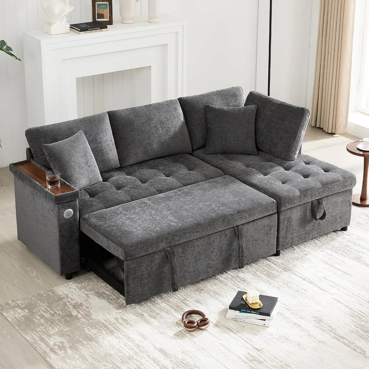 Canapé d'angle et canapé panoramique – en chenille, avec rangement, convertible, avec accoudoirs, 3 Places, gris, avec fonction couchage