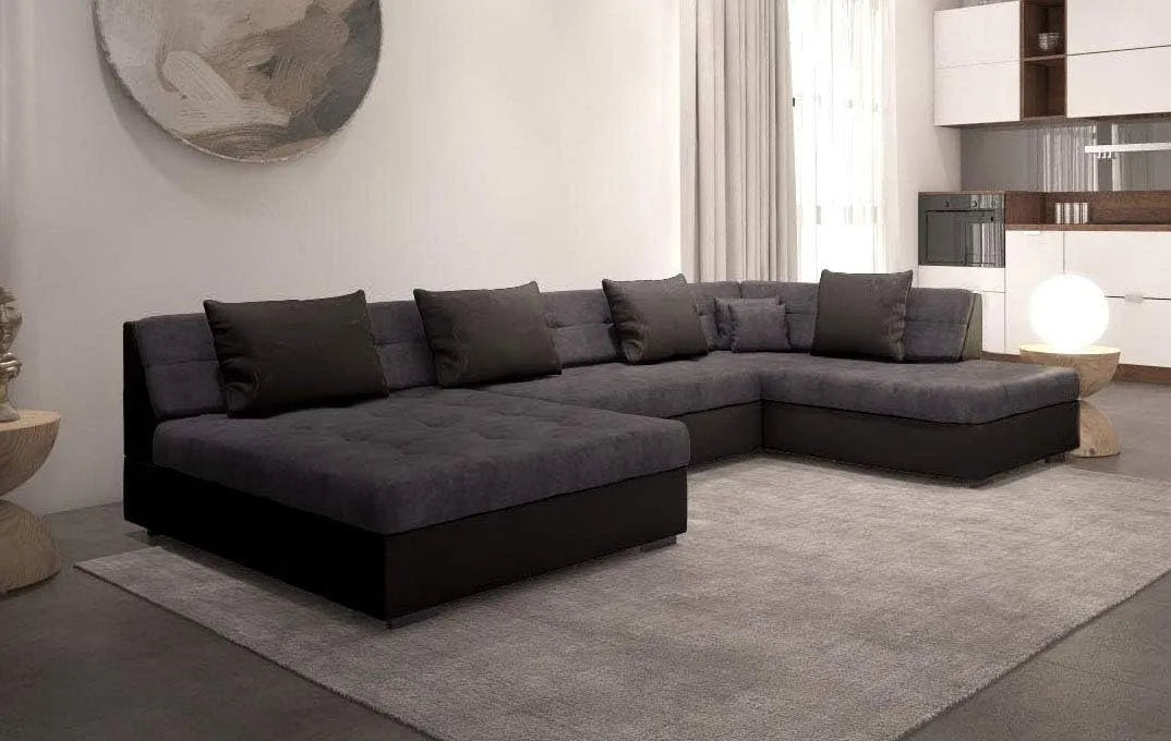 Canapé d'angle et canapé panoramique – OTIA, angle droit, revêtement en tissu, convertible, gris