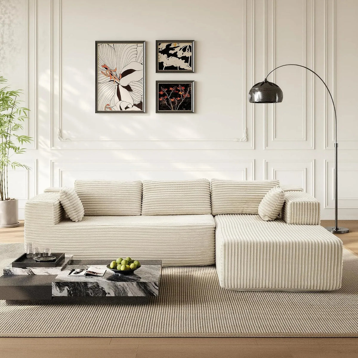 Canapé d'angle et canapé panoramique: revêtement en tissu, rembourrage en mousse, avec coussins, 269 × 175 cm, beige