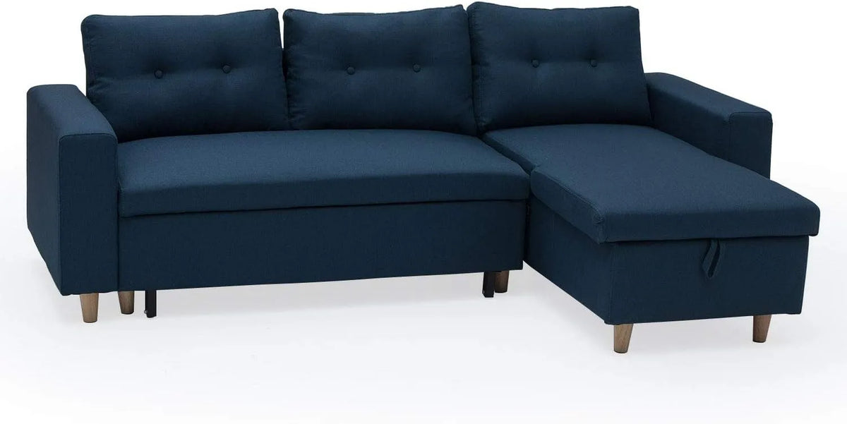 Canapé d'angle et canapé panoramique: réversible, revêtement en tissu, avec rangement, convertible, 3 Places, bleu, avec rangement intégré