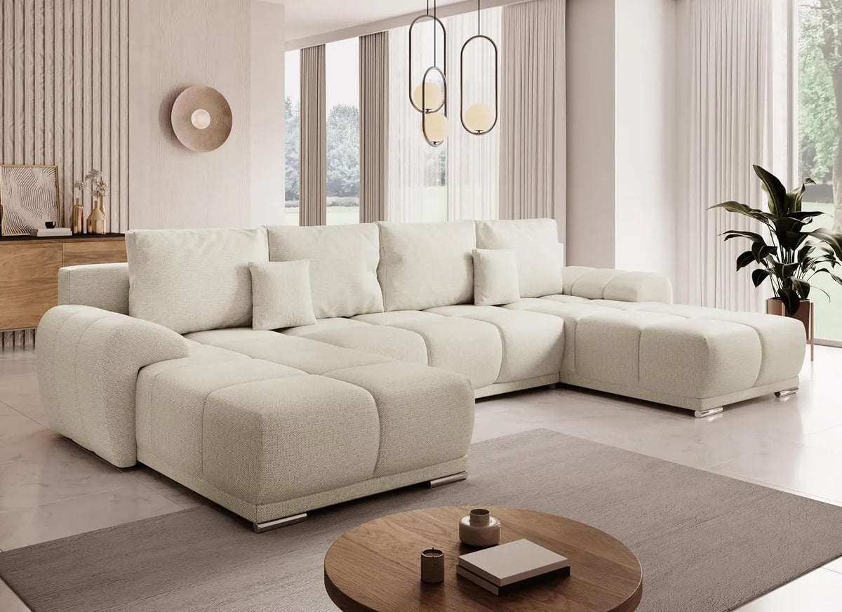 Canapé d'angle et canapé panoramique — revêtement en tissu, convertible, beige