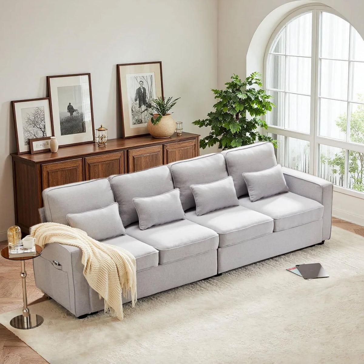 Canapé: revêtement en tissu, avec accoudoirs, avec coussins, 4 Places, gris