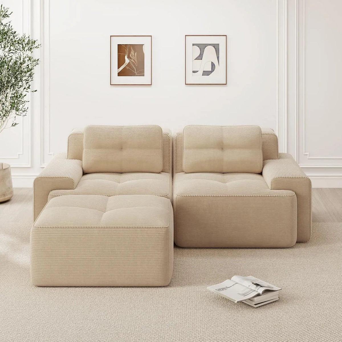 Canapé d'angle et canapé panoramique – modulaire, en velours côtelé, avec coussins, 2 Seat, 74cm, beige