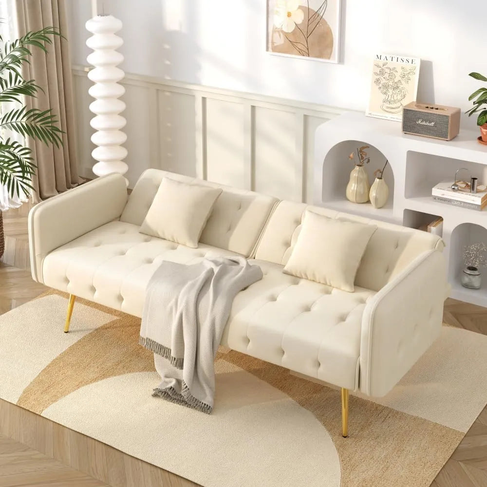 Canapé convertible et canapé-lit: revêtement en tissu, avec accoudoirs, avec dossier, réglable, 2 Places, beige, revêtement en velours