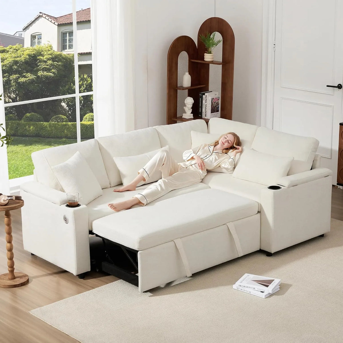 Canapé d'angle et canapé panoramique – en chenille, avec rangement, convertible, avec accoudoirs, 3 Places, beige, avec fonction couchage