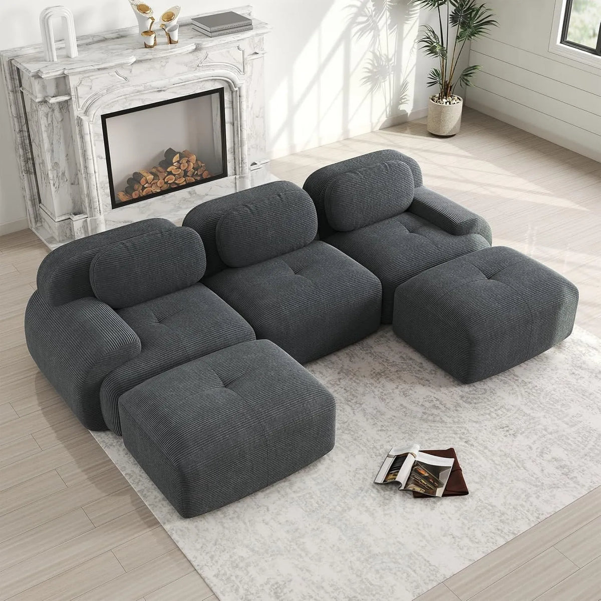 Canapé modulaire: antidérapant, en velours côtelé, avec accoudoirs, 3 Places, gris