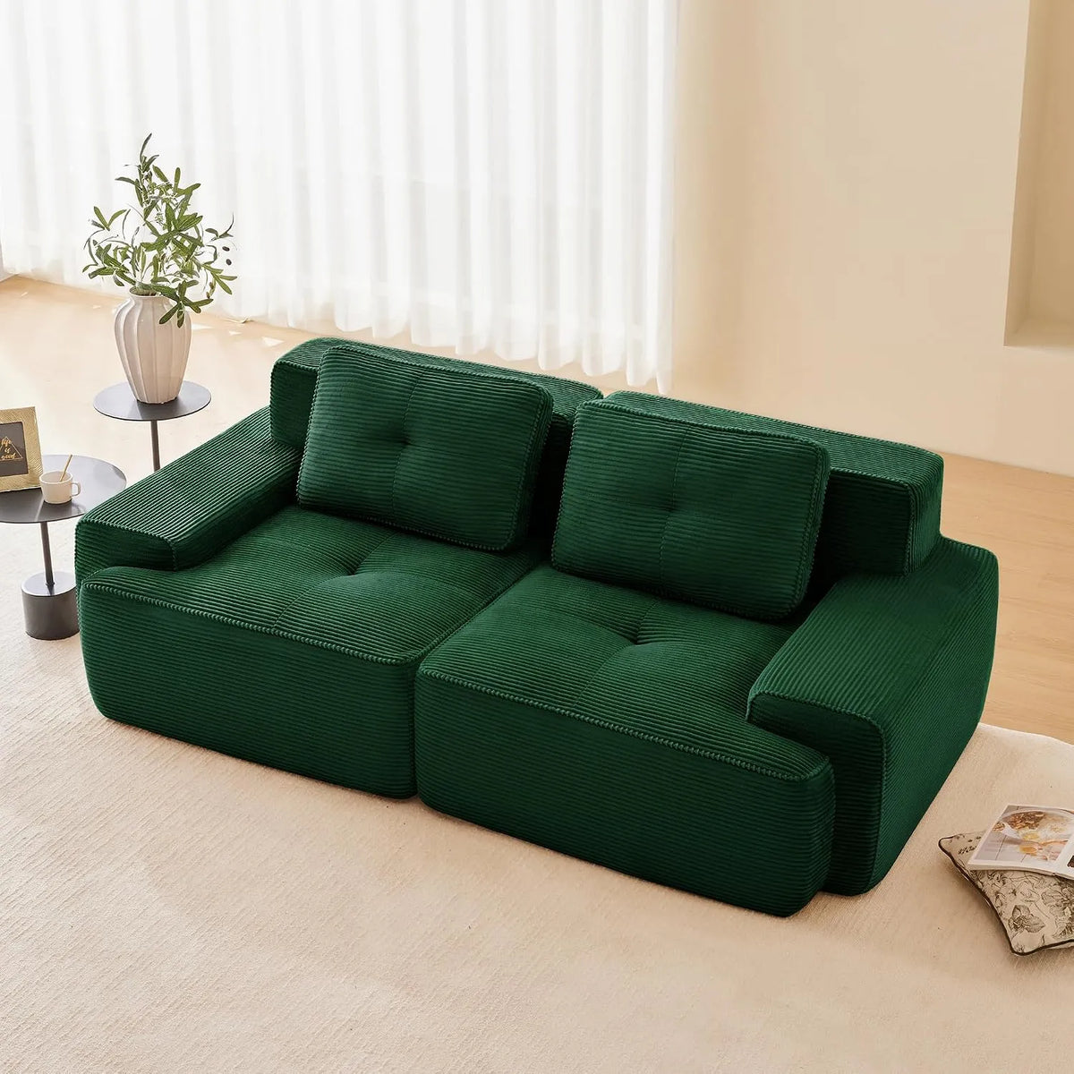 Canapé modulaire — rembourrage en mousse, 2 places, vert, revêtement en velours