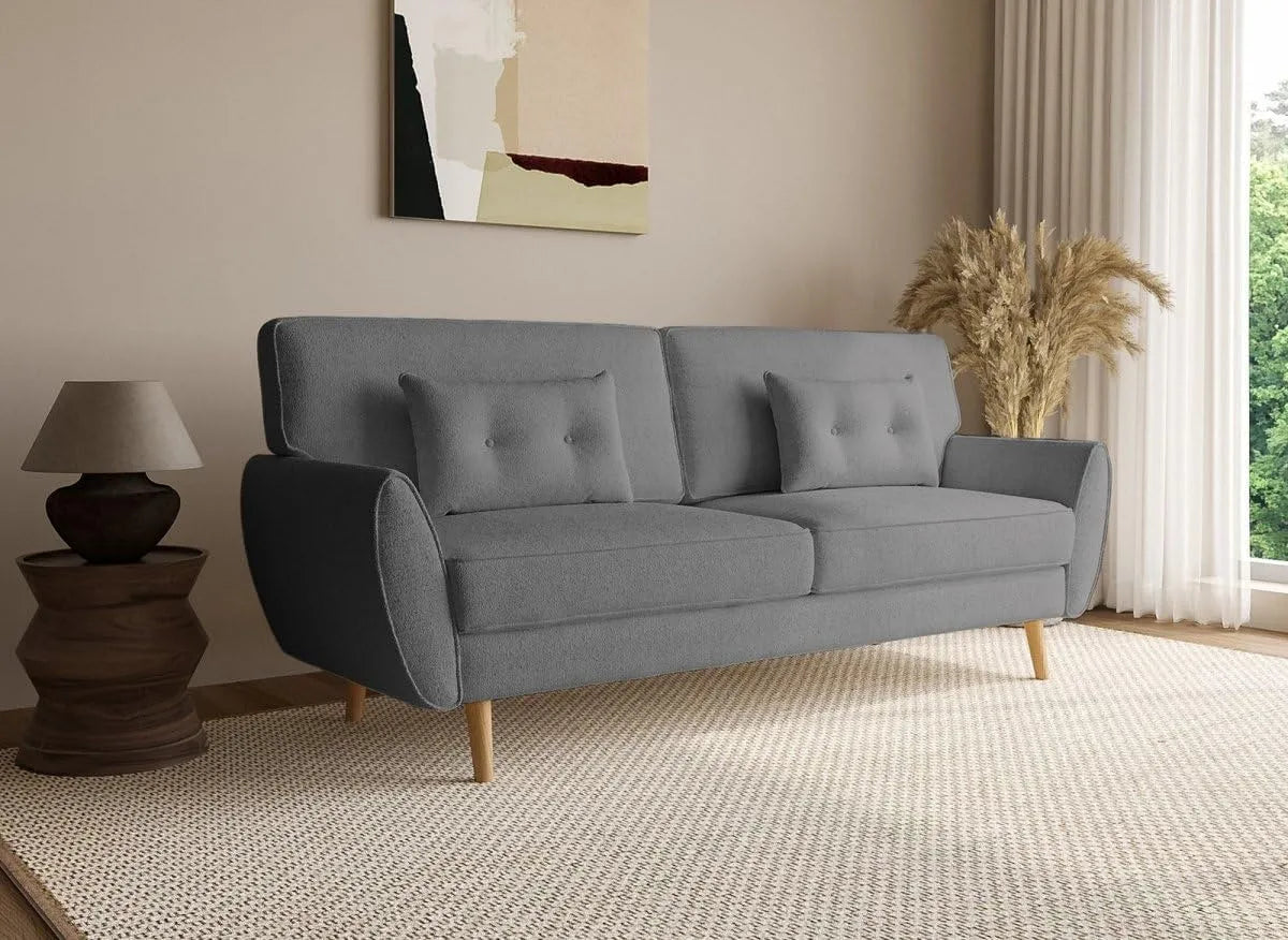 Canapé – en velours côtelé, revêtement en tissu, en bois, revêtement bouclé, gris