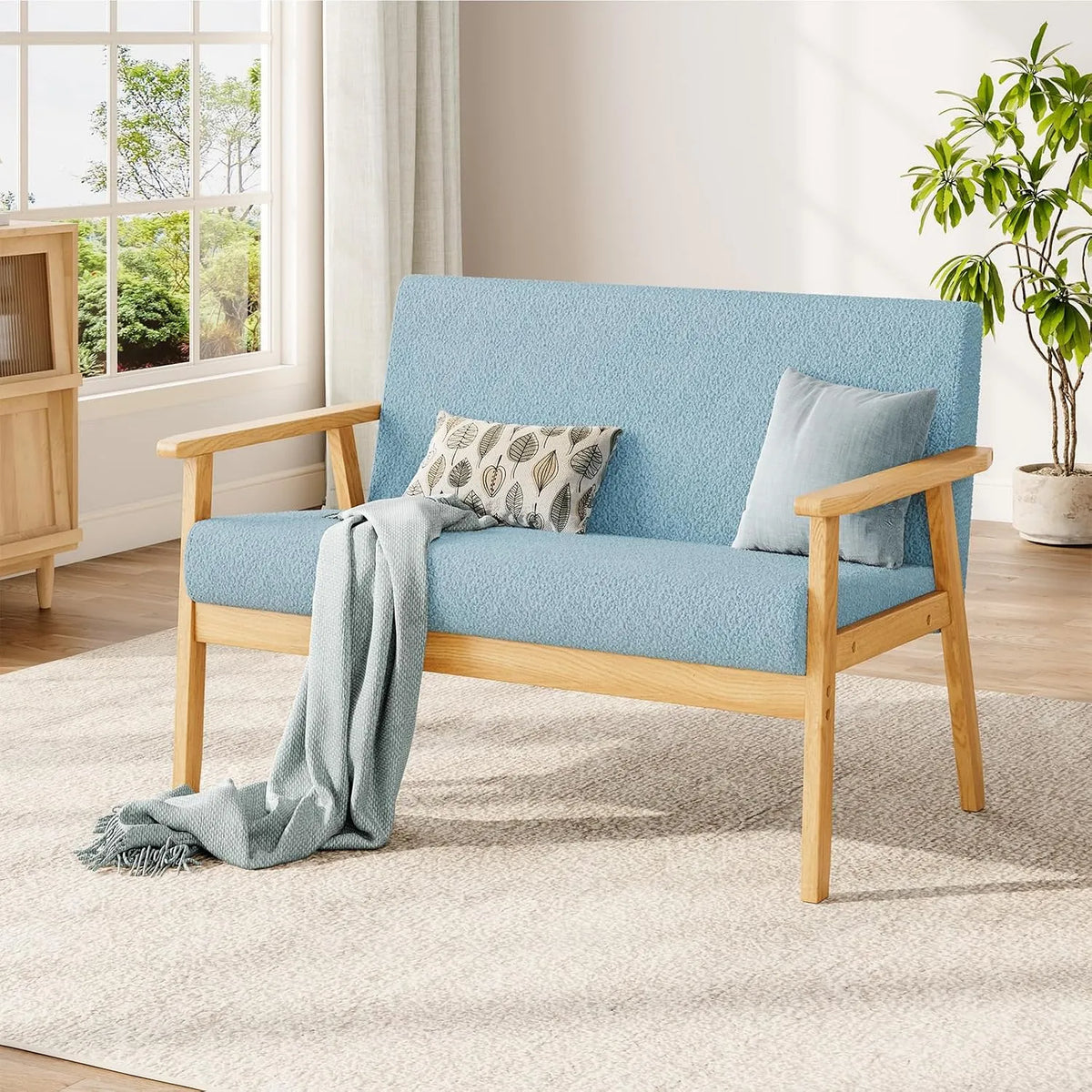 Canapé — Double, en bois, 2 Places, 107 × 60 × 77 cm, bleu, revêtement en velours