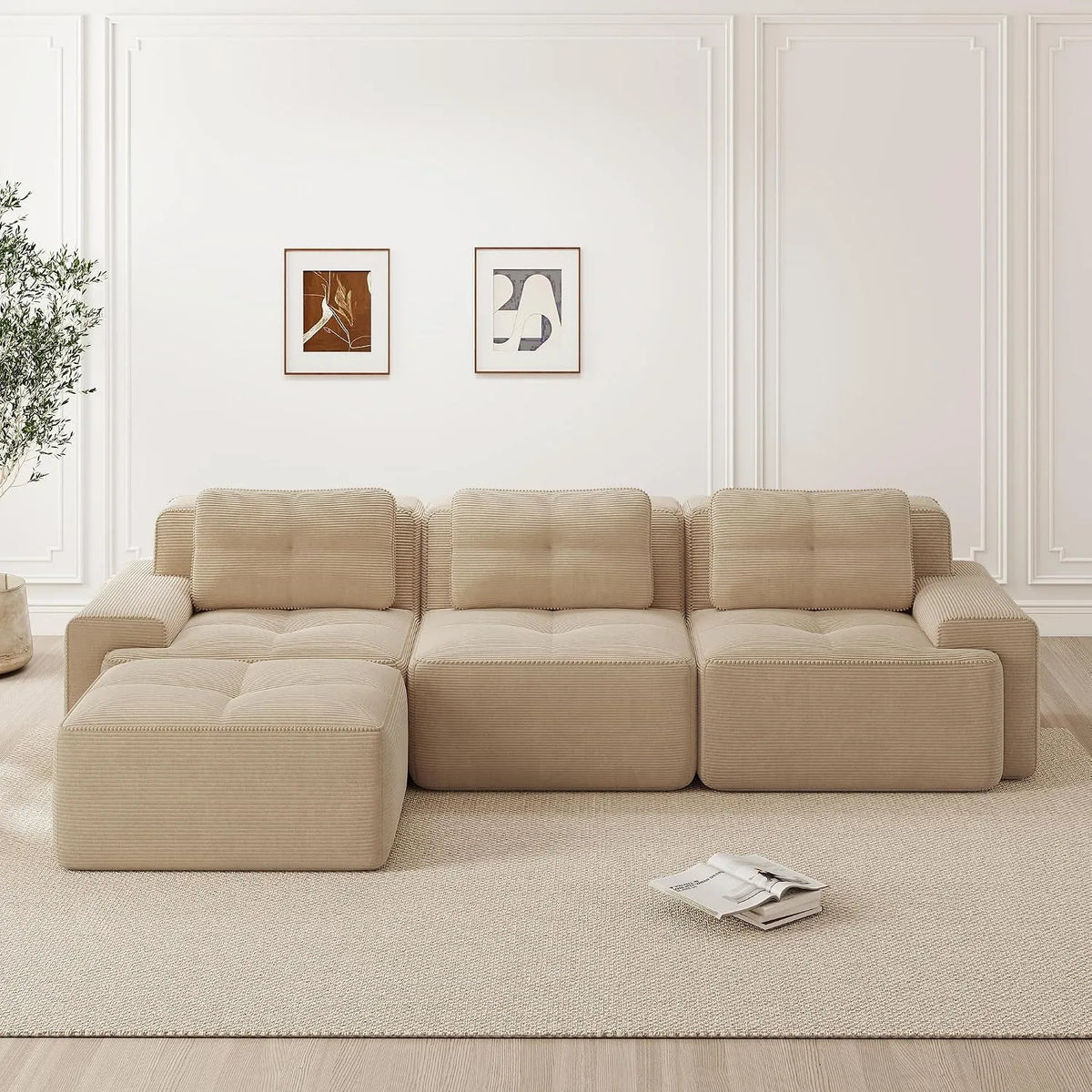 Canapé d'angle et canapé panoramique — assise profonde, en velours côtelé, convertible, 4 places, 293 cm, beige