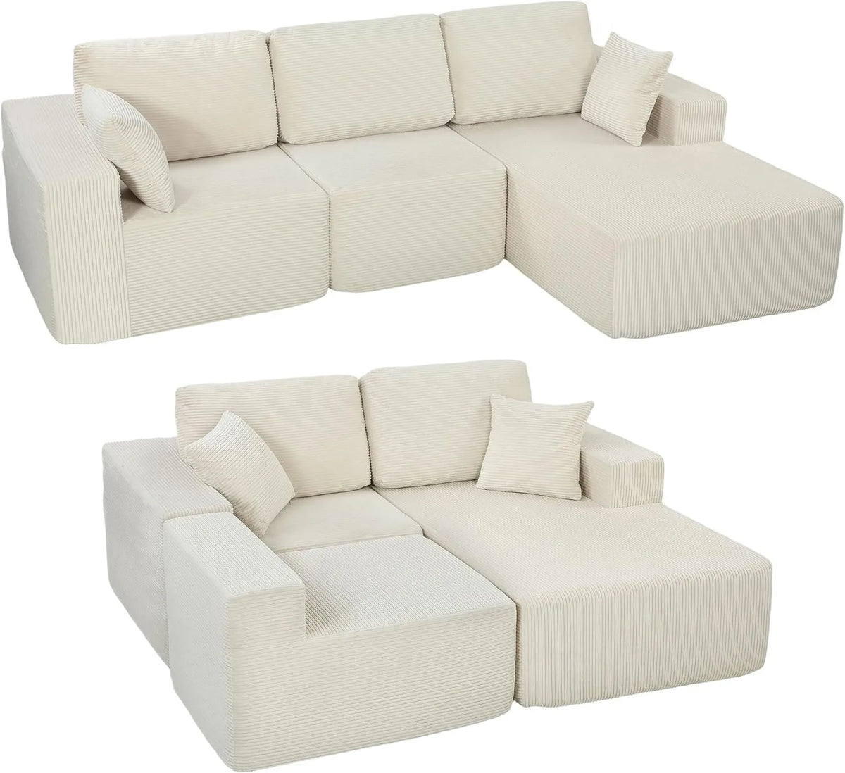 HOMCOM Canapé d'angle et canapé panoramique – en velours côtelé, avec bureau, avec accoudoirs, avec coussins, 3 places, 1, 267cm