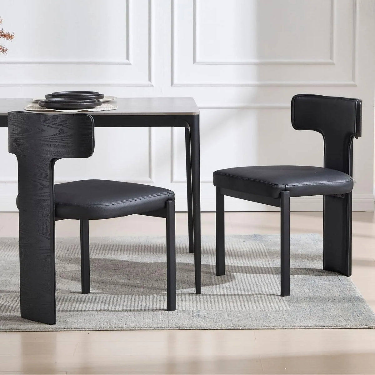 Chaise – en cuir PU, en bois, avec dossier, Lot de 2, noir