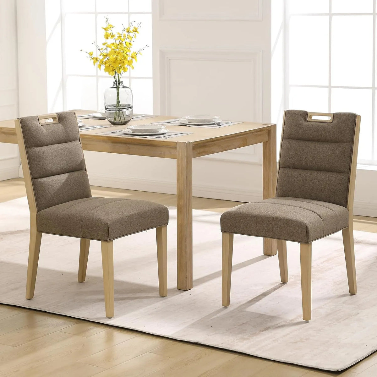 Chaise: revêtement en tissu, en bois, avec dossier, Lot de 2, marron