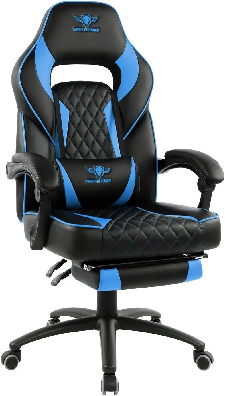 Chaise: en cuir, avec accoudoirs, avec coussins, pour gaming, bleu, inclinable