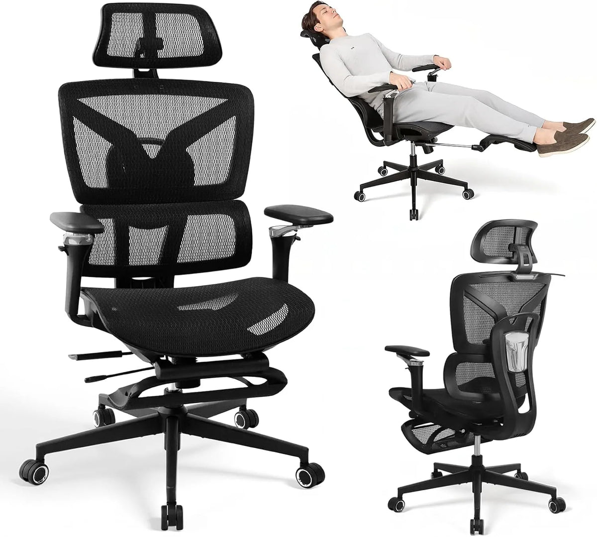 Bureau et table informatique — avec accoudoirs, avec dossier, réglable, aération en maille, noir, inclinable
