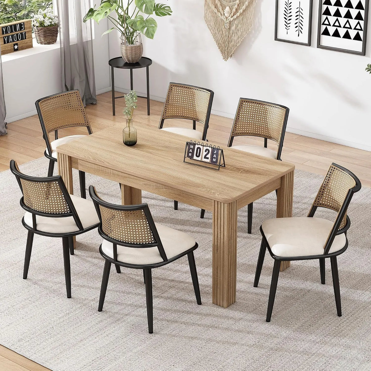 Chaise — en métal, avec dossier, Lot de 6, noir, en résine tressée