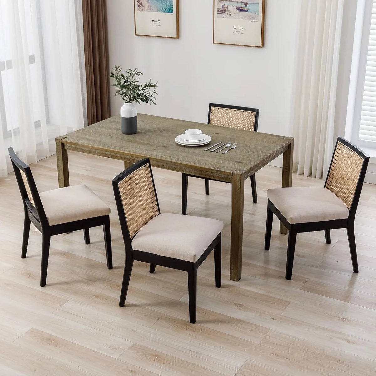 Chaise — en bois, avec dossier, avec coussins, Lot de 4, noir, en résine tressée