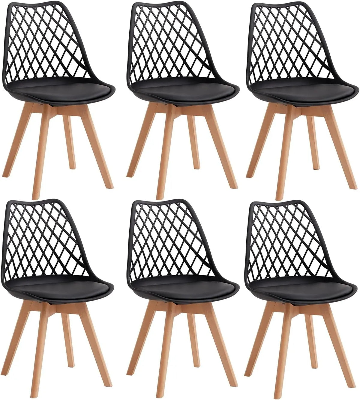Chaise – en cuir PU, en bois, avec dossier, Lot de 6, noir