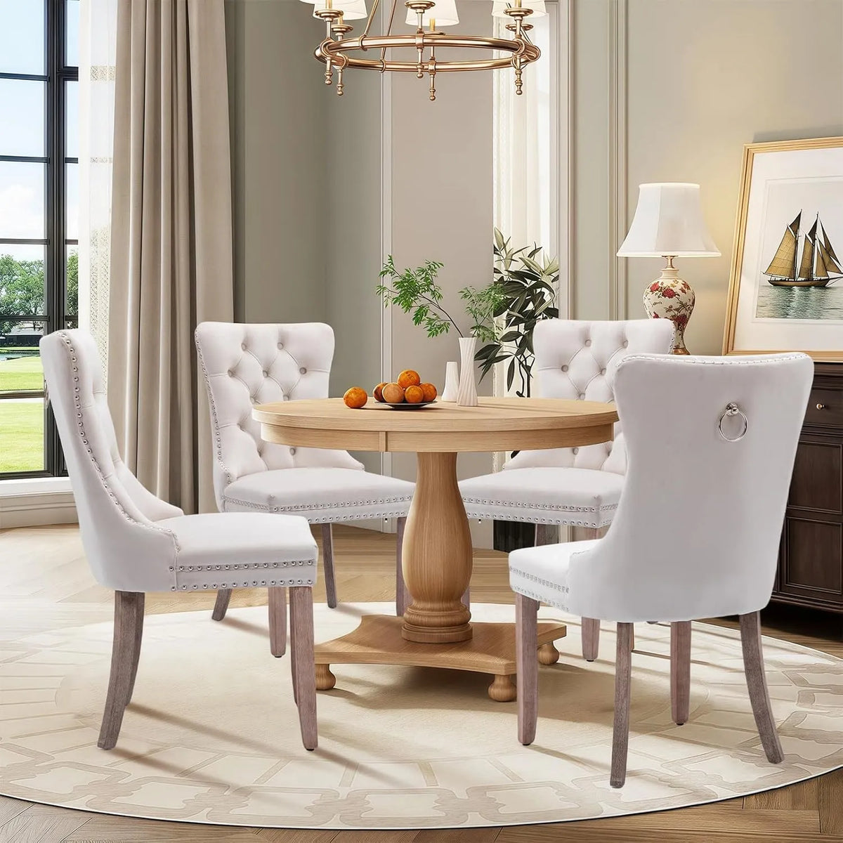 Chaise: en métal, en bois, Lot de 4, beige, revêtement en velours