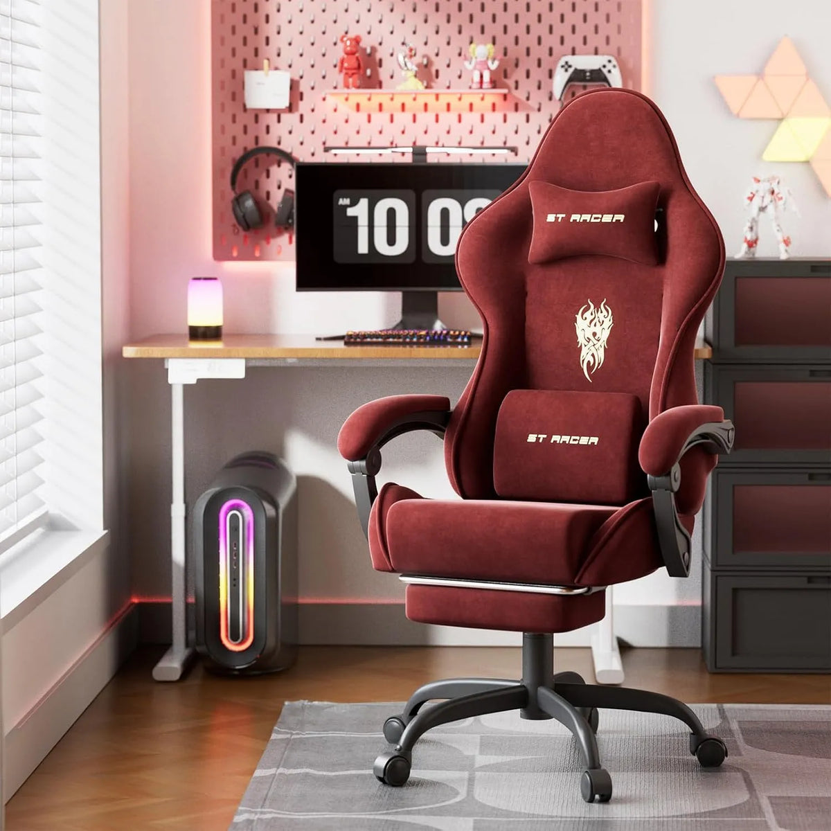 Bureau et table informatique — revêtement en tissu, avec dossier, pour gaming, réglable, rouge, revêtement en velours