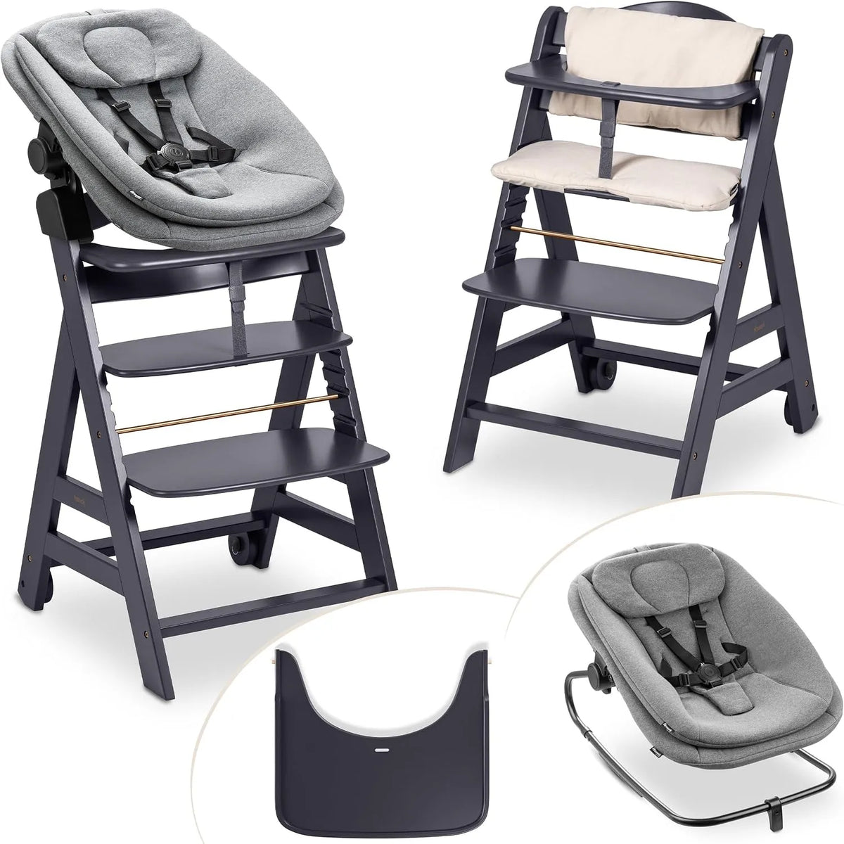 Chaise: pour enfant, en bois, avec coussins, gris