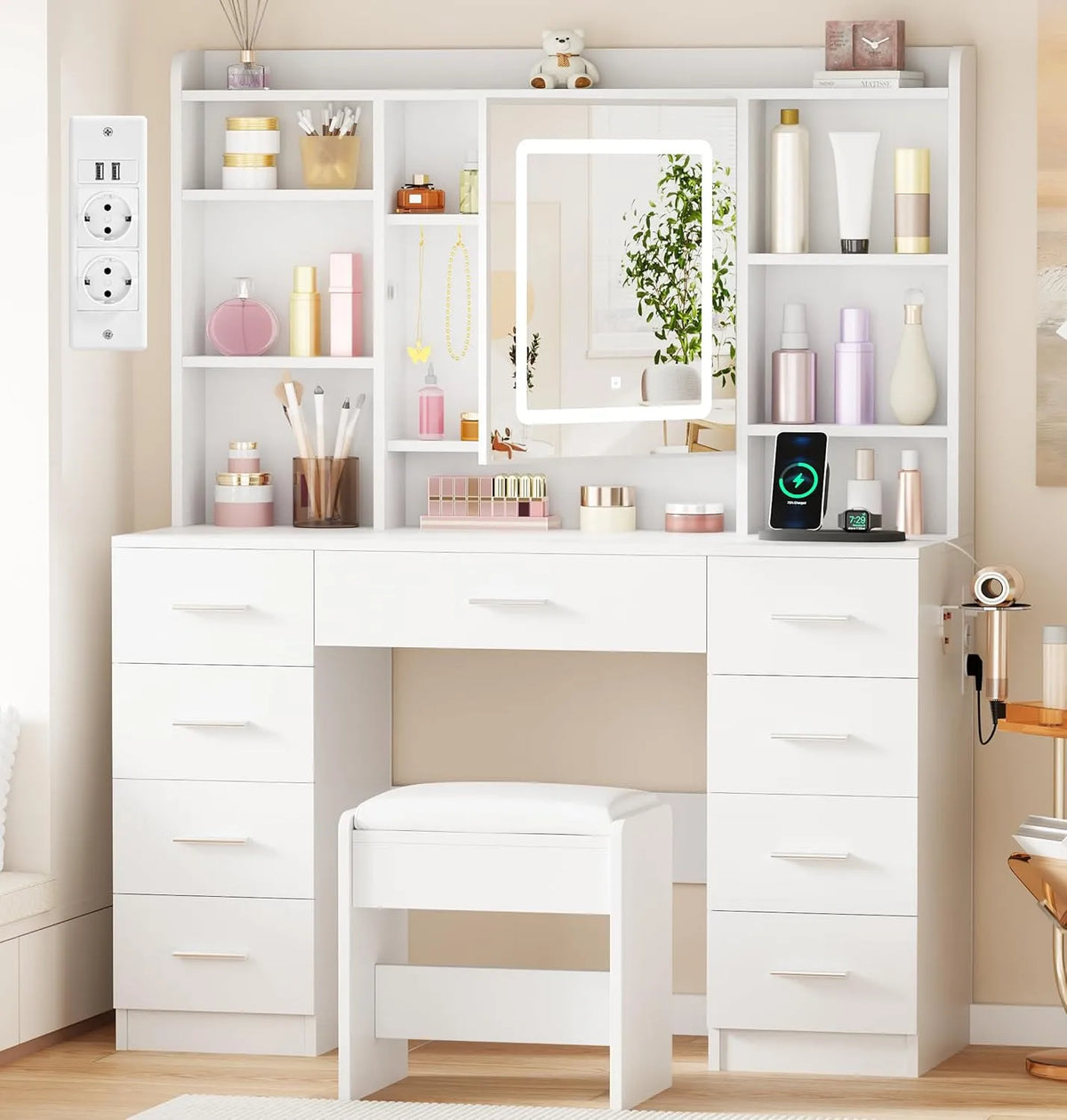 Grande Coiffeuse et table de maquillage avec éclairage LED et Miroir – EFST36W, avec tiroirs, avec étagères, réglable, affichage LED, 5 étagères, 9