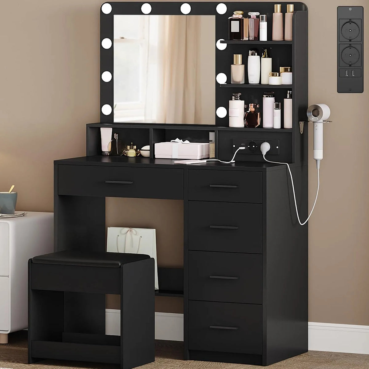 Hzuaneri Coiffeuse et table de maquillage avec 10 Globes Lumineux LED: DT39006XEU, avec tiroirs, affichage LED, noir