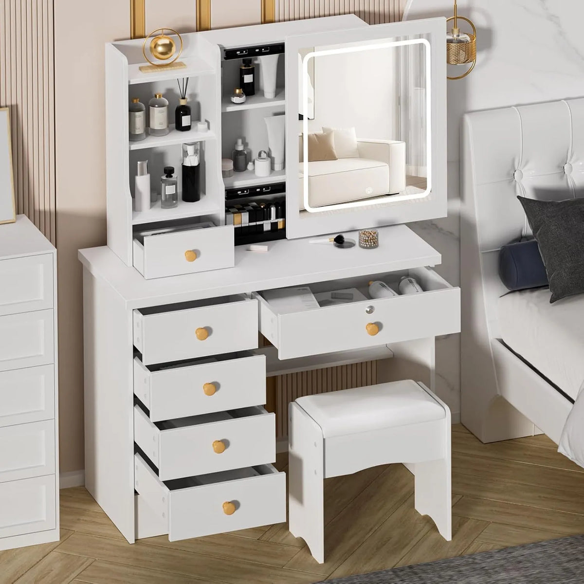 Coiffeuse et table de maquillage avec Miroir LED et Tabouret: avec rangement, avec tiroirs, avec étagères, réglable, 5 Étagères, 6 Tiroirs, blanc