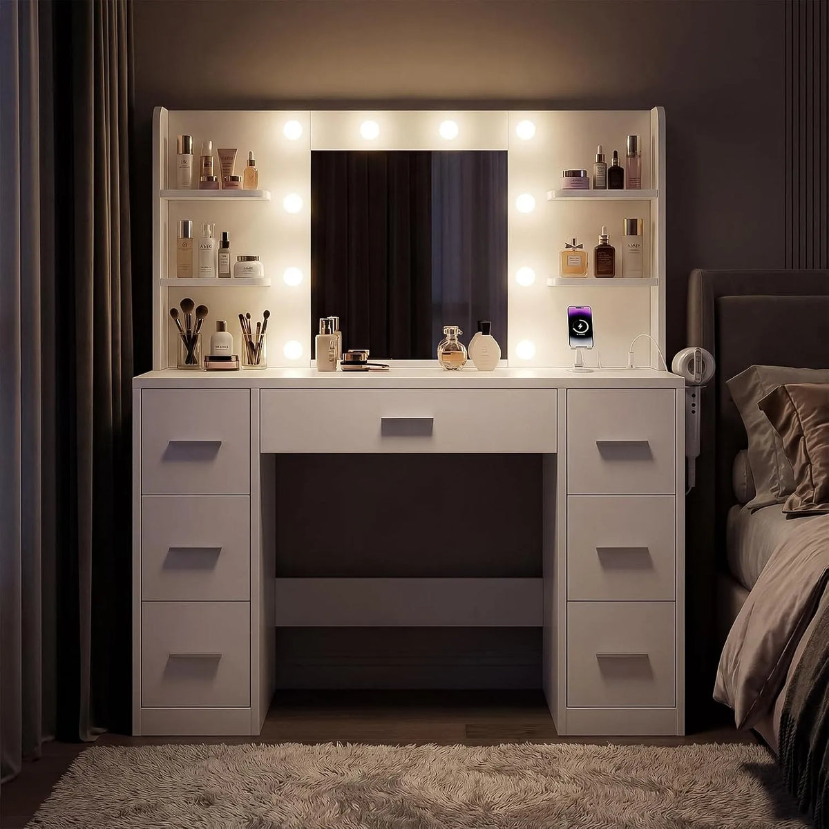 Devoko Coiffeuse et table de maquillage avec Miroir: avec rangement, avec tiroirs, avec étagères, réglable, 4 Étagères, 7 Tiroirs, blanc