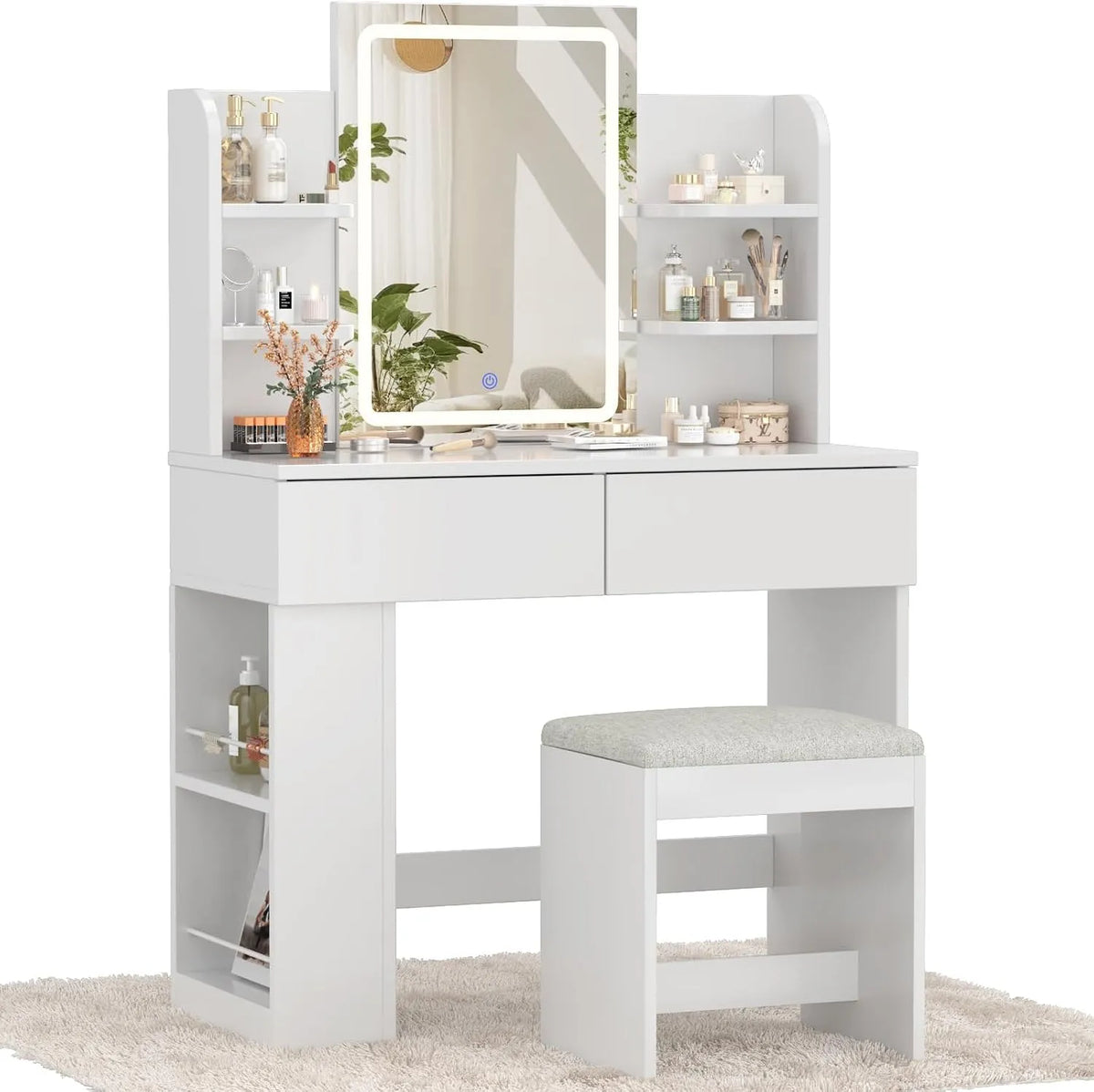Devoko Coiffeuse et table de maquillage avec Miroir LED et Tabouret: pour enfant, avec rangement, avec tiroirs, avec étagères, 4 Étagères