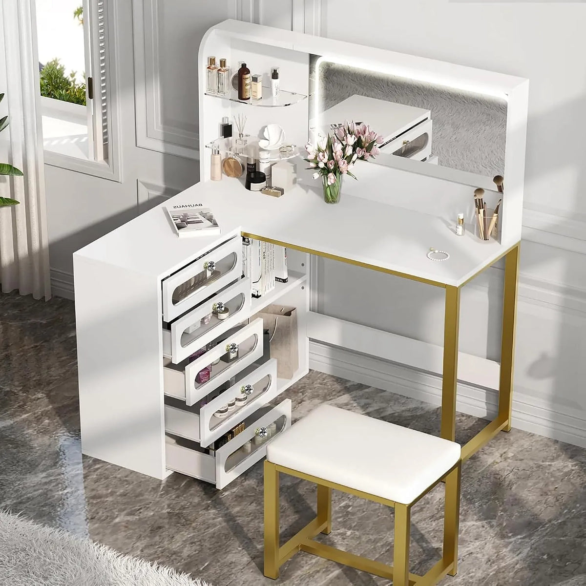 Coiffeuse et table de maquillage avec Miroir LED et Tabouret – avec tiroirs, avec étagères, affichage LED, 5 Tiroirs, 80 × 120 × 135 cm, blanc