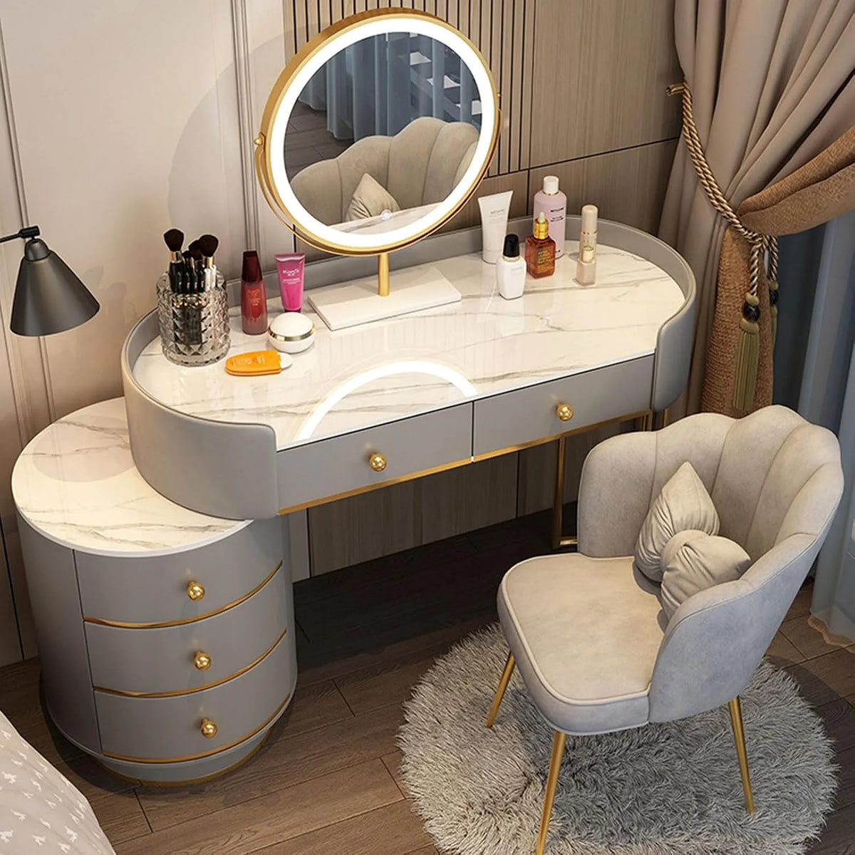 Coiffeuse et table de maquillage avec Tiroirs et Miroir LED Rond: avec rangement, réglable, affichage LED